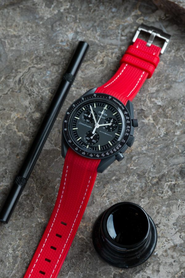 Red Monaco rubber strap paired with mission to mercury watch