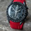 Red Monaco rubber strap paired with mission to mercury watch