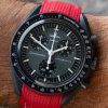 Red Monaco rubber strap paired with mission to mercury watch