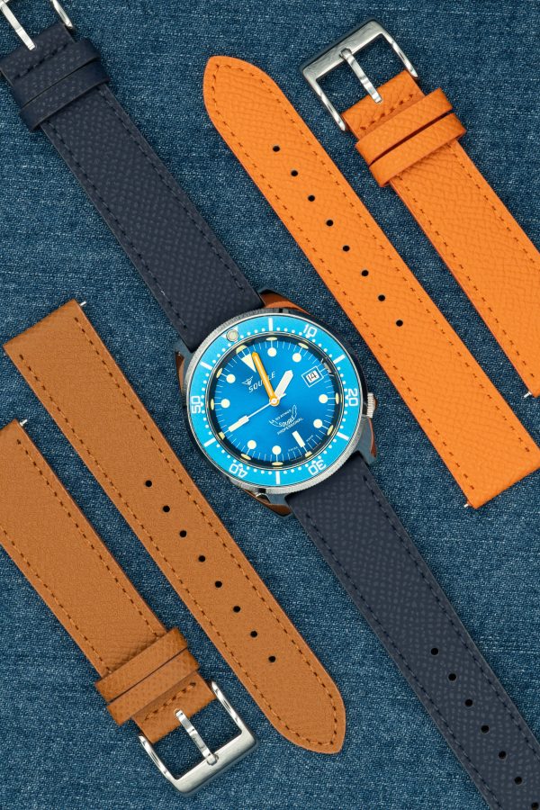 Navy Blue Leather watch strap with stitches - Epsom Texture