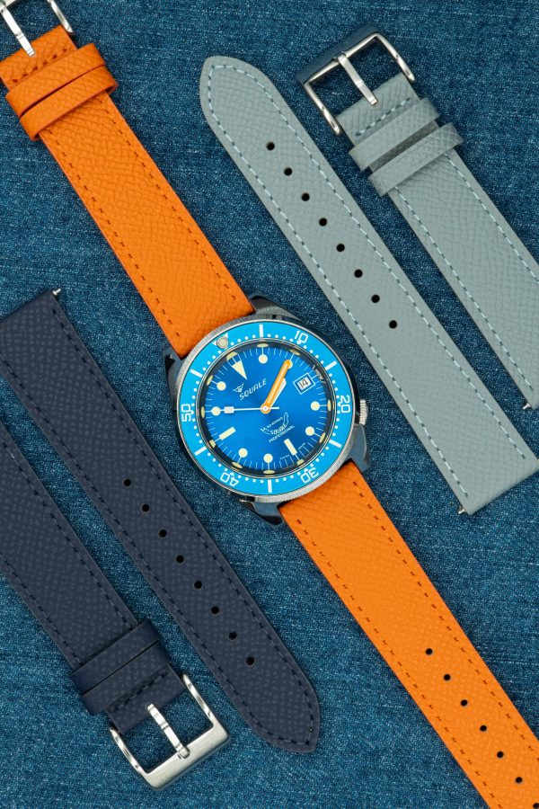 Orange Leather watch strap with stitches - Epsom Texture